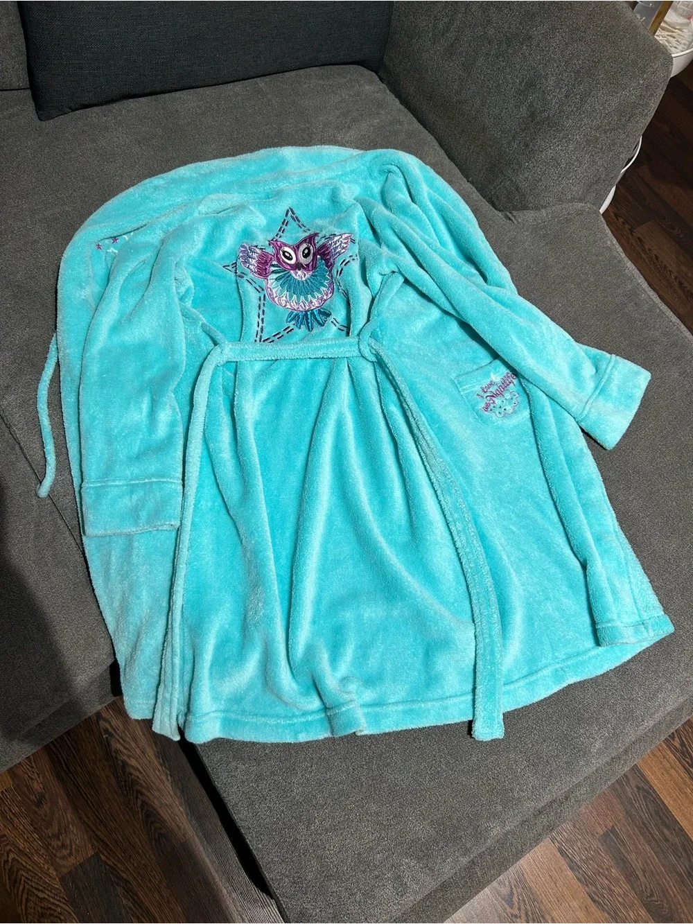 Joe Boxer- girls M- 7/8- Kids Plush Bath Robe in Aqua - Soft Hooded Wrap